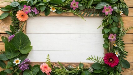 Wall Mural - Floral frame with lush green leaves and colorful flowers against a wooden background, nature, wood