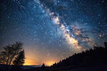Wall Mural - an ethereal night sky with stars twinkling in shades of gold and blue against a deep indigo backgrou