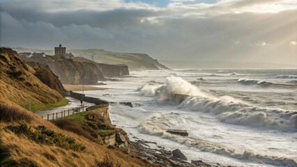 Wall Mural - Coastal scene with crashing waves and weathered coastline, seagull, scenery