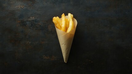 Wall Mural - Salted french fries in paper cone appetizer on dark background top view