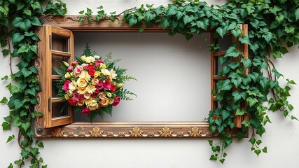 Wall Mural - lush floral arrangement nestled in a ornate wooden wall frame with climbing vines and overgrown greenery, home decor, leafy, botanical