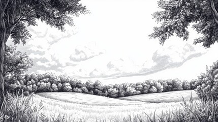 Wall Mural - Line art illustration depicting a summer forest and field landscape in black and white using pen and ink techniques