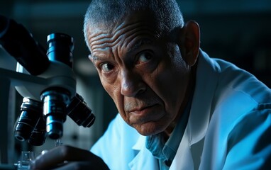 Poster - A focused scientist examines samples under a microscope in a dimly lit lab.