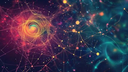 Fototapete - Line art illustration of a dark fractal image featuring a spiral hand drawn design on a multicolored background Abstract representation of neuron anatomy with connection dots and polygonal shapes