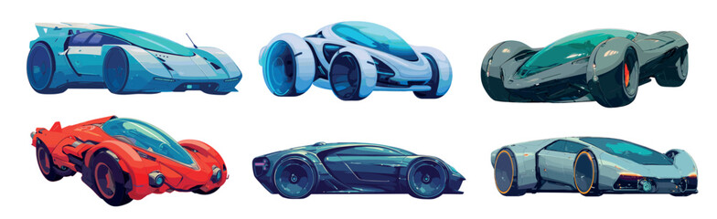 Futuristic cars. Cartoon cyberpunk car future luxury electric automobile, modern fast transport vehicle set vector illustration