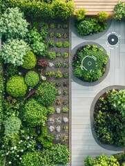 Poster - An impressive smart garden equipped with automated sprinklers and soil sensors, featuring healthy plants and organized plant beds in an urban setting. Generative AI