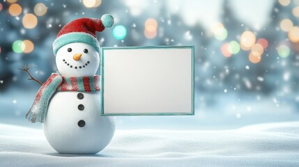 Aufkleber - A joyful snowman stands in a snowy landscape, donning a red and teal hat and scarf. It holds a blank sign, while gentle snowflakes fall and colorful lights twinkle in the background.