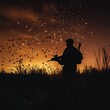 © Tadeusz - Silhouette of a male soldier against a vibrant sunset, surrounded by flocks of birds.