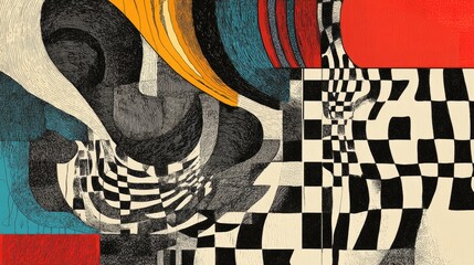 Poster - Line art illustration featuring an abstract checkered pattern
