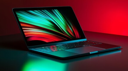 Poster - A sleek laptop displaying vibrant, colorful graphics on a reflective surface.