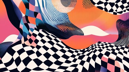 Poster - Line art illustration featuring an abstract checkered pattern