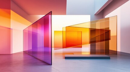 Poster - Line art illustration of an abstract architectural interior featuring a gradient geometric glass sculpture rendered in 3D