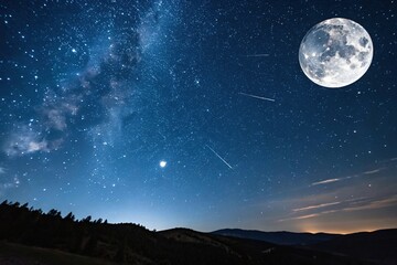 Wall Mural - a vast expanse of dark blue night sky with a stunning display of shooting stars and a bright full mo