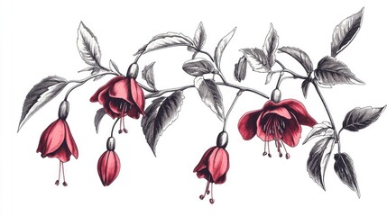 Wall Mural - Line art illustration of red Fuchsia Serratifolia flowers blooming in summer with branches reaching six to eight feet tall and bent leaves vintage drawing or engraving style