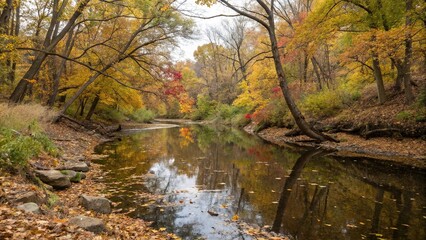  Reflective creek waters with fallen leaves and tree branches in autumn hue, woodland scenery, seasonal change