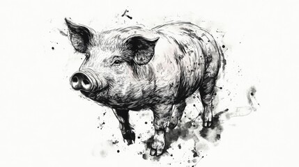 Wall Mural - Line art illustration of a pig created using brush painting and ink techniques