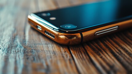 Close-up of a smartphone resting on a wooden surface, showcasing its design and features.