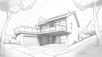 Wall Mural - Line art representation of architectural design featuring a house in a 3D perspective