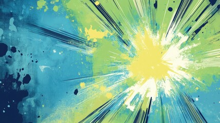 Poster - abstract illustration featuring a blue and green background with an explosive star design