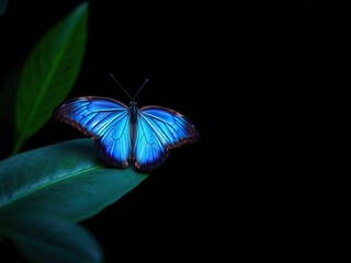 Wall Mural - Morpho butterfly perched on a leaf in a dark blue environment, its vibrant blue color standing out against the dull background, colors, insects