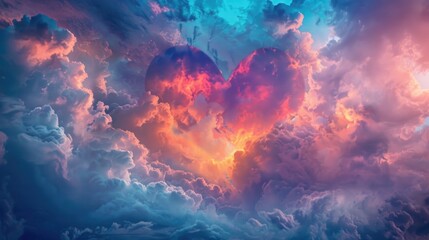 Wall Mural - Heart Ai. Abstract Valentine Heart Shape in Blue Sky with Clouds Background