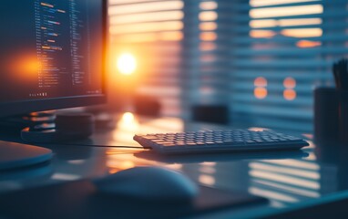Poster - A workspace with a computer, keyboard, and sunset view through blinds, emphasizing productivity and ambiance.