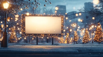 Aufkleber - This lovely winter evening showcases a park adorned with glowing trees and warm streetlights. A blank advertising board stands prominently amid the festive atmosphere, beckoning attention.