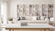 © zahidyounas - Copy space on a luxury white tabletop over a blurred modern white living room with large bookshelves stock photo