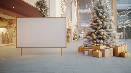 Poster - A beautiful indoor shopping center adorned with festive decorations showcases a tall Christmas tree next to an empty display board, surrounded by neatly wrapped presents and sparkling lights.