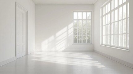  A large, empty room with white walls and wooden floors