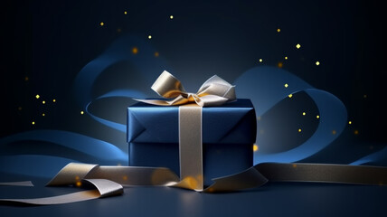 Wall Mural - Blue gift box with a gold ribbon and twinkling lights sets a celebratory mood for christmas, birthdays, or any other special event