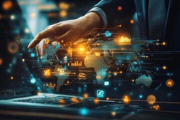 Poster - Digital marketing, banking, payment and online shopping, Businessman touching global business networking on colorful background 