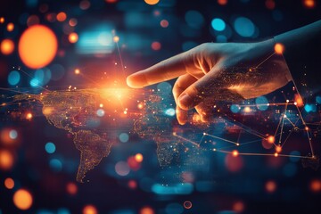 Poster - Digital marketing, banking, payment and online shopping, Businessman touching global business networking on colorful background 
