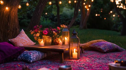 Poster - Bohemian Picnic with Cushions, Low Tables, and Candle Lanterns