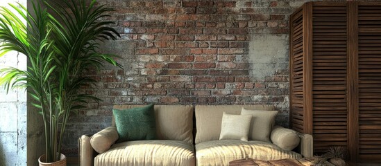 Beige sofa against a rustic brick wall with a large leafed houseplant and a natural wood screen stylish interior decor