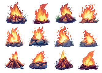 wood campfire. cartoon bonfire stone fireplace, camping wooden logs firewood fire flame set vector i