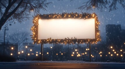 Poster - A large, unlit billboard draped with twinkling holiday lights stands in a snowy urban park during dusk.