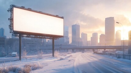 Poster - Snow blankets the ground alongside an empty billboard that towers over a quiet road. Tall buildings rise in the background as the winter sun casts a warm glow across the chilly landscape.