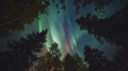 magical aurora northern lights in green colour over dark forest landscape.