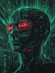 Aufkleber - A futuristic cyborg with glowing red eyes stares into the distance in a digital cityscape