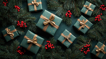 Poster - Christmas presents featuring green wrapping and golden bows are surrounded by pine foliage and vibrant red berries, creating a warm atmosphere