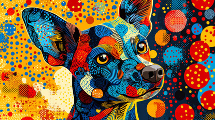 Fototapete - A stylized depiction of a dog features vivid colors and patterns, set against a bright, textured backdrop creating an engaging visual effect
