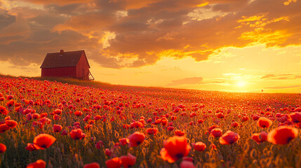 Aufkleber - A stunning sunset casts golden light over a field of poppies next to a charming red barn in the peaceful countryside