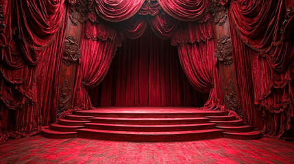 Aufkleber - A grand theatre stage draped in rich red velvet, poised for an upcoming performance in an exquisite venue