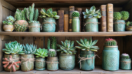 Poster - Colorful succulents and cacti are artfully arranged on wooden shelves, showcasing their diverse shapes in charming glass jars and pots