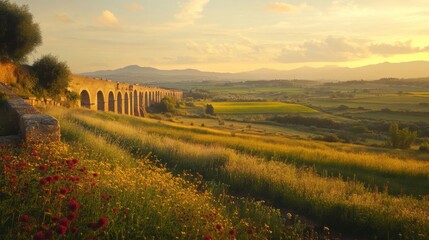 a tranquil view of ancient roman aqueducts winding through the lazio countryside at golden hour