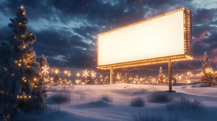Aufkleber - A large billboard illuminated with string lights stands in a snowy field at night. Pine trees decorated with lights and snowflakes are scattered throughout the landscape.