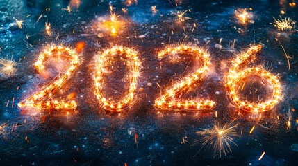 Poster - Sparklers spell out the year 2026, creating a festive atmosphere as fireworks illuminate the night sky