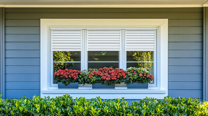 Poster - Beautiful window with flower boxes showcasing vibrant blooms against a modern gray house exterior on a sunny day