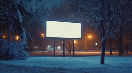 Poster - The billowing snow blankets the ground, reflecting soft light from nearby street lamps. A large, empty billboard awaits messages in the stillness of a winter night.